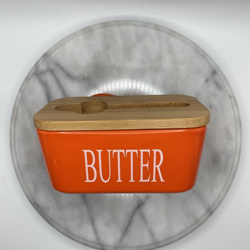 Sunset Orange Butter Dish With Bamboo Lid Spreader Pre-Owned Ceramic 6.5"x4"x3"